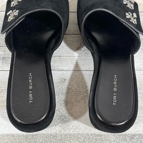 TORY BURCH T-Lock Wedge Sandal - Perfect Black Suede - Size - 7.US